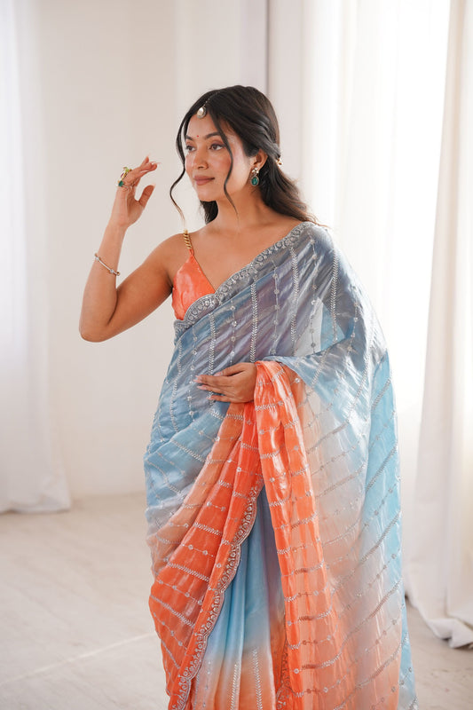 Luxury Sky Blue Fendy Satin Embroidery Saree for Women