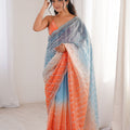 Luxury Sky Blue Fendy Satin Embroidery Saree for Women