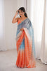 Luxury Sky Blue Fendy Satin Embroidery Saree for Women