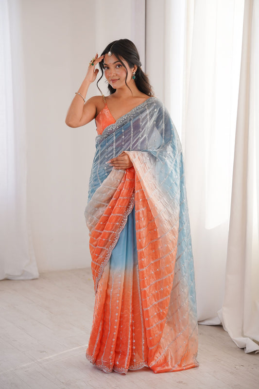Luxury Sky Blue Fendy Satin Embroidery Saree for Women