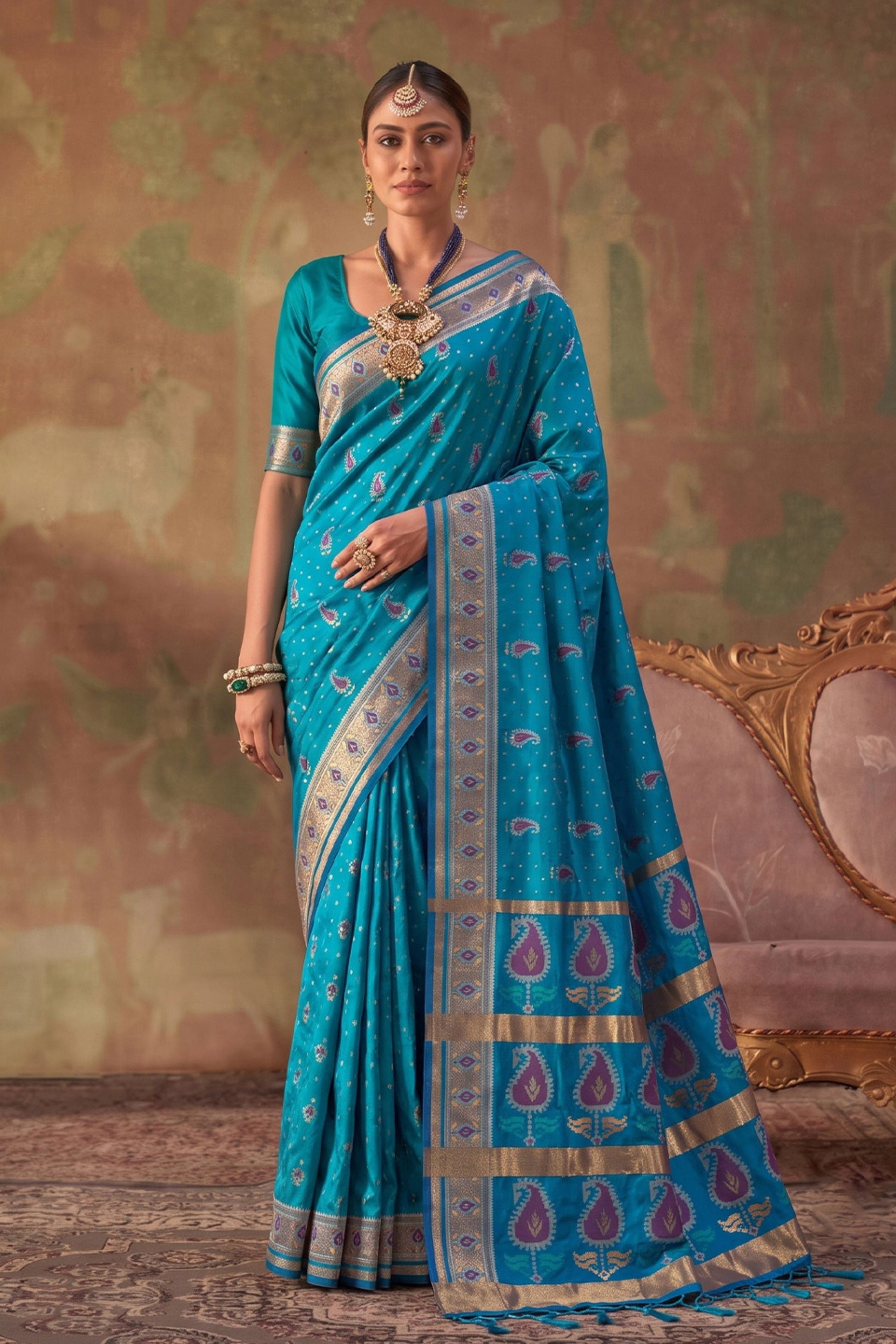 Royal Teal Blue Soft Silk Woven Jacquard Designer Saree for Women