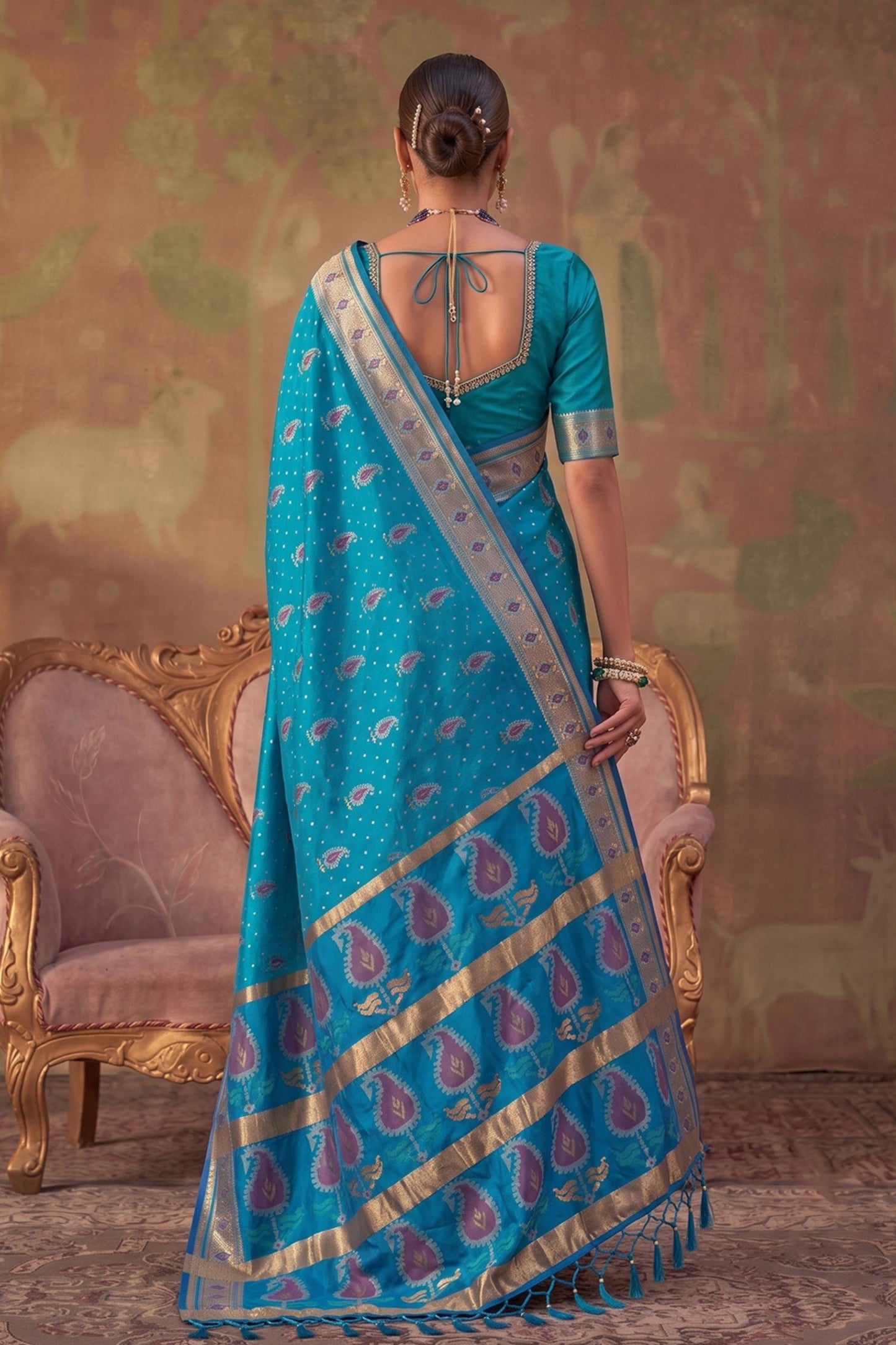 Royal Teal Blue Soft Silk Woven Jacquard Designer Saree for Women