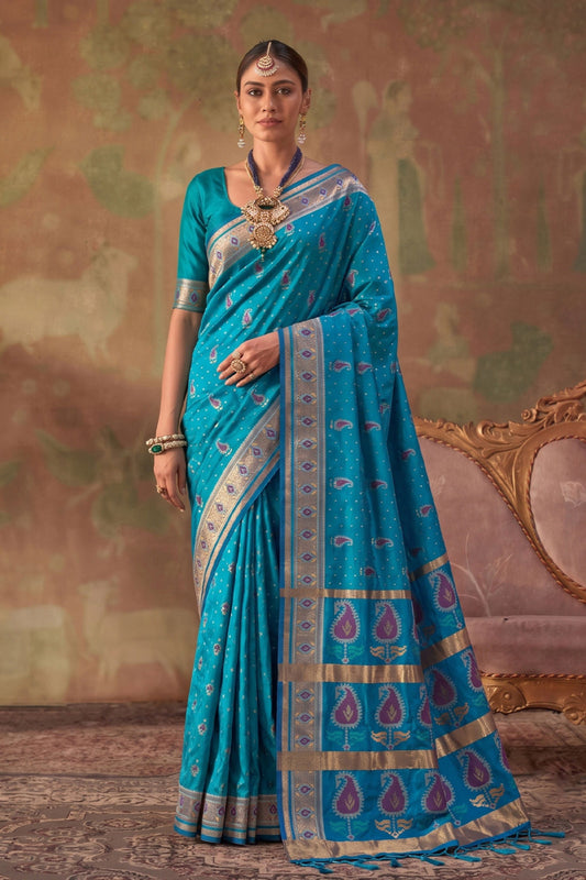 Royal Teal Blue Soft Silk Woven Jacquard Designer Saree for Women