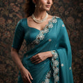 Stunning Teal Blue Soft Satin Chiffon Saree with Embroidery Work