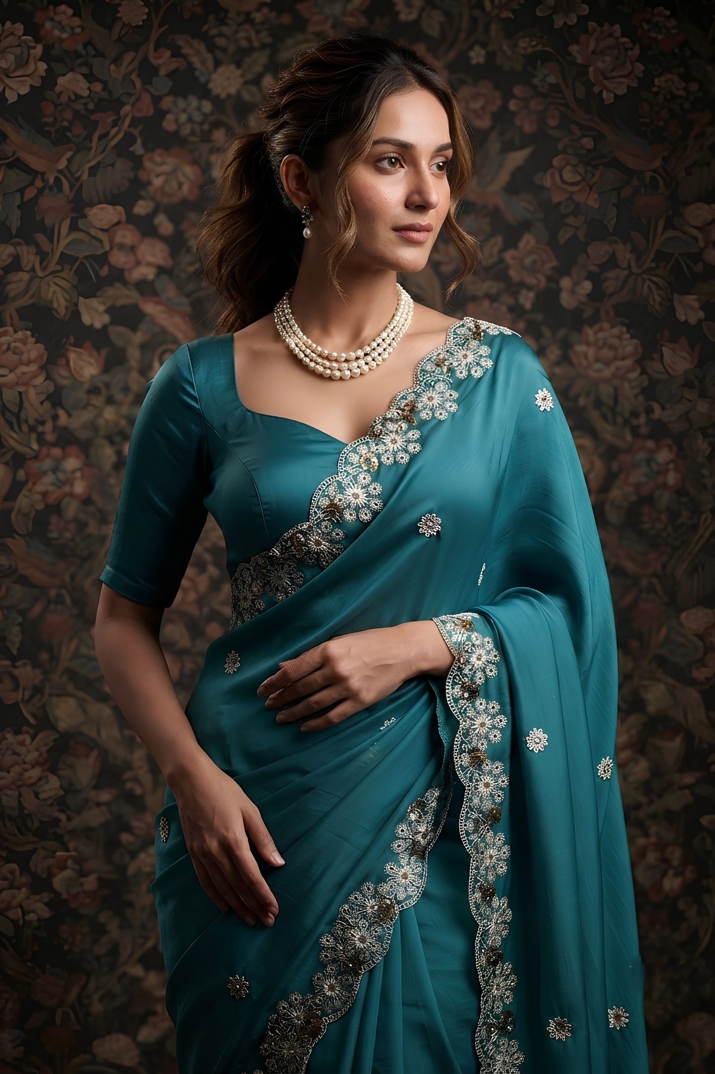 Stunning Teal Blue Soft Satin Chiffon Saree with Embroidery Work