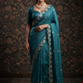 Stunning Teal Blue Soft Satin Chiffon Saree with Embroidery Work