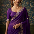 Stylish Purple Soft Satin Chiffon Saree with Embroidery Work