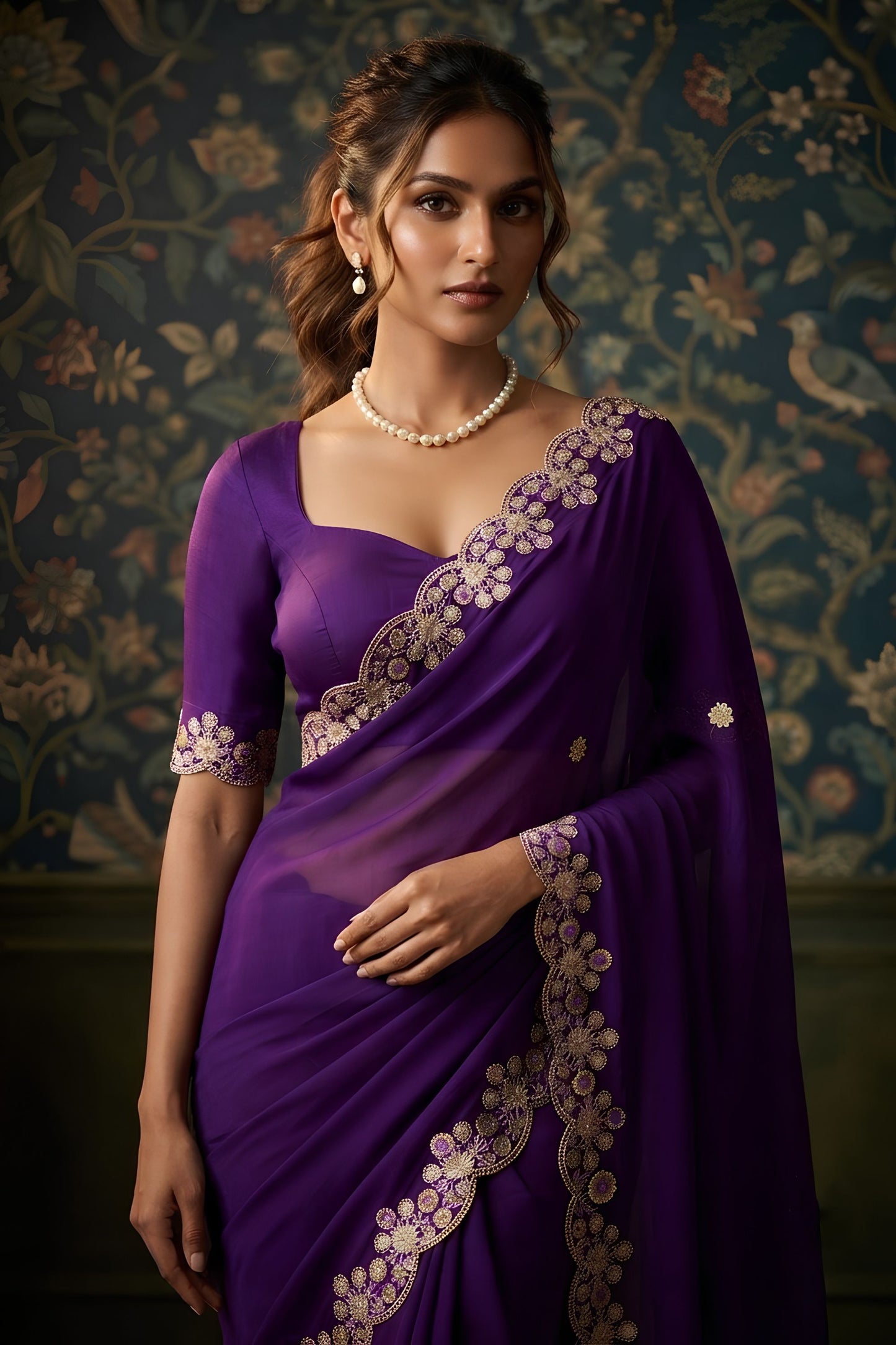 Stylish Purple Soft Satin Chiffon Saree with Embroidery Work