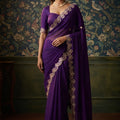 Stylish Purple Soft Satin Chiffon Saree with Embroidery Work