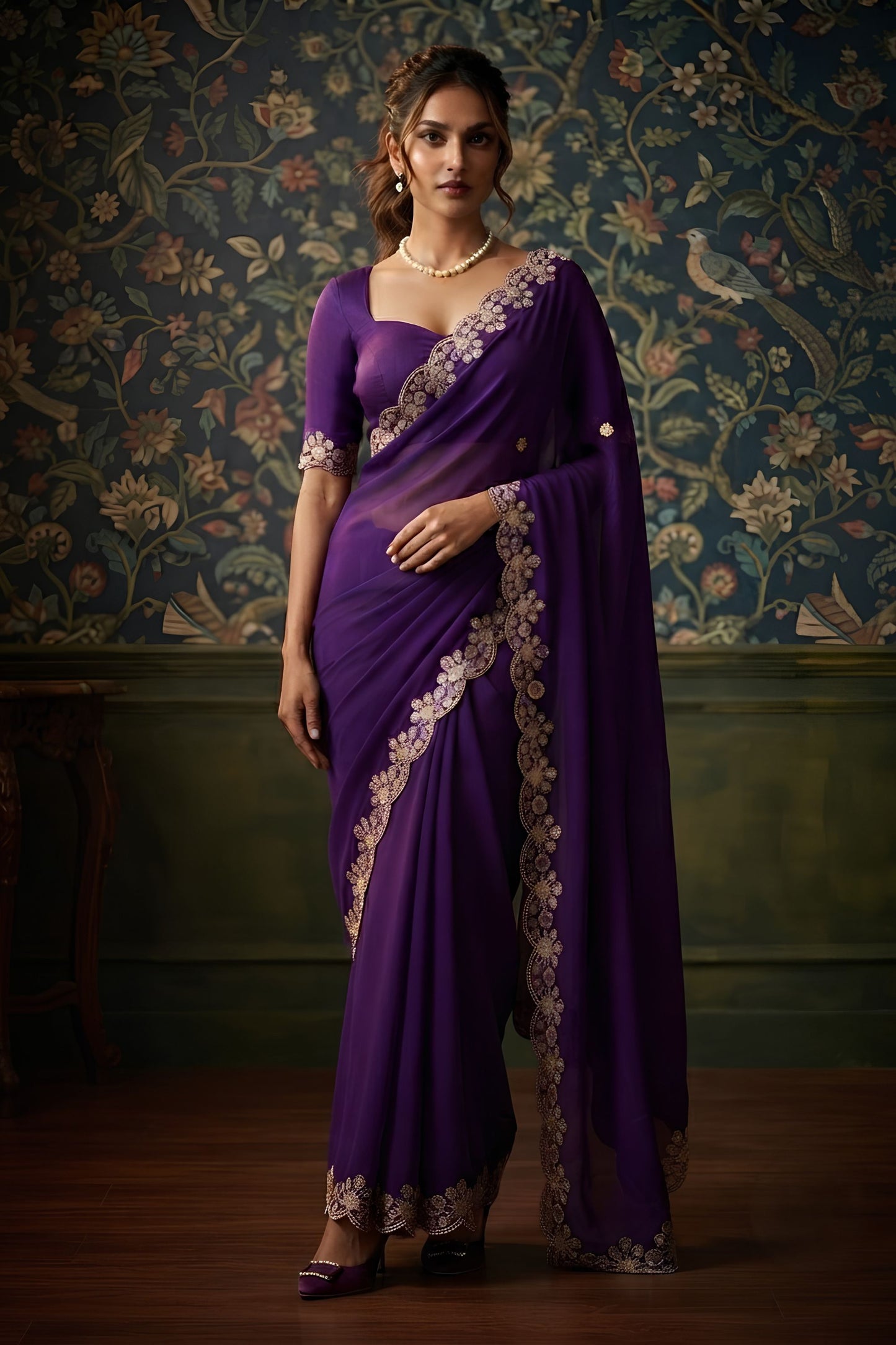 Stylish Purple Soft Satin Chiffon Saree with Embroidery Work