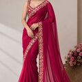 Elegant Rani Pink Pure Blooming Vichitra Embroidery Cut Work Border Saree