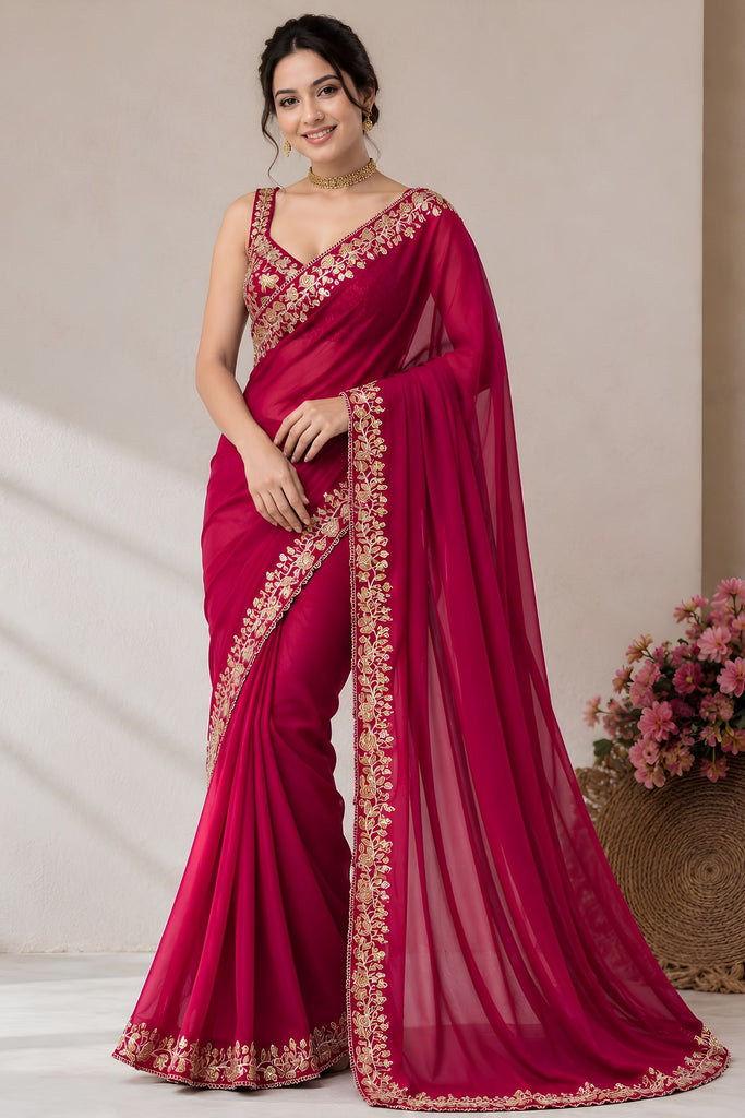 Elegant Rani Pink Pure Blooming Vichitra Embroidery Cut Work Border Saree