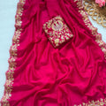 Elegant Rani Pink Pure Blooming Vichitra Embroidery Cut Work Border Saree