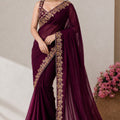 Beautiful Wine Pure Blooming Vichitra Embroidery Cut Work Border Saree