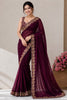 Beautiful Wine Pure Blooming Vichitra Embroidery Cut Work Border Saree