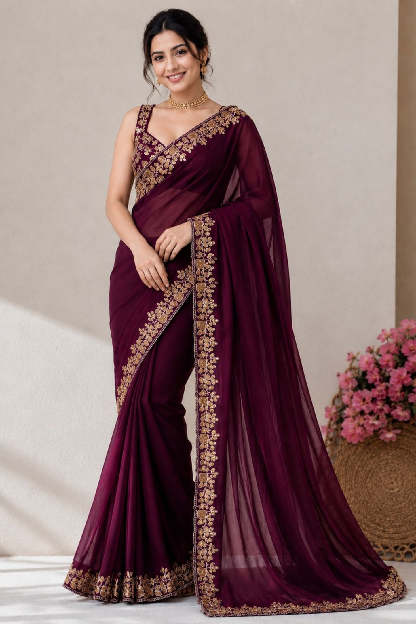 Beautiful Wine Pure Blooming Vichitra Embroidery Cut Work Border Saree