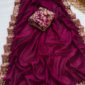 Beautiful Wine Pure Blooming Vichitra Embroidery Cut Work Border Saree