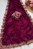 Beautiful Wine Pure Blooming Vichitra Embroidery Cut Work Border Saree