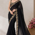 Premium Black Pure Blooming Vichitra Embroidery Cut Work Border Designer Saree