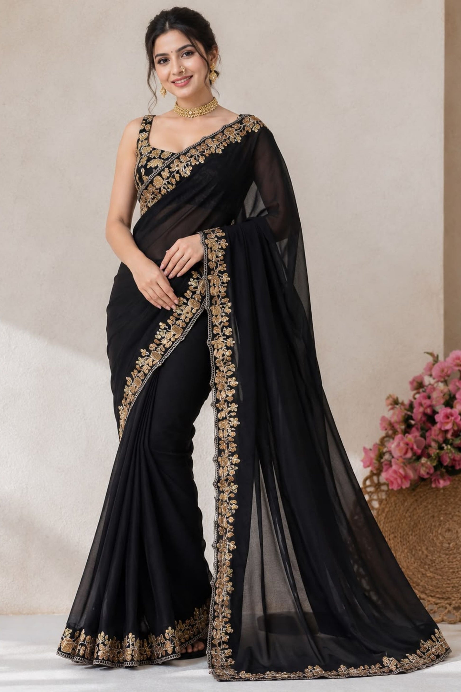 Premium Black Pure Blooming Vichitra Embroidery Cut Work Border Designer Saree