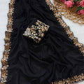 Premium Black Pure Blooming Vichitra Embroidery Cut Work Border Designer Saree
