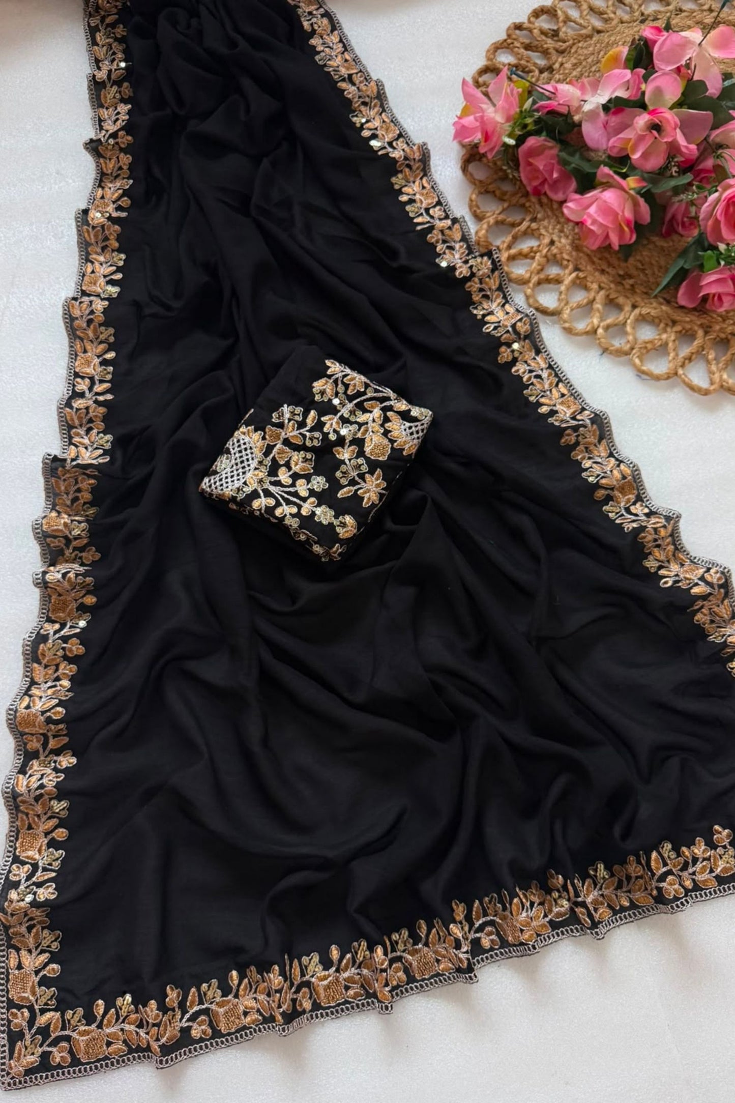 Premium Black Pure Blooming Vichitra Embroidery Cut Work Border Designer Saree