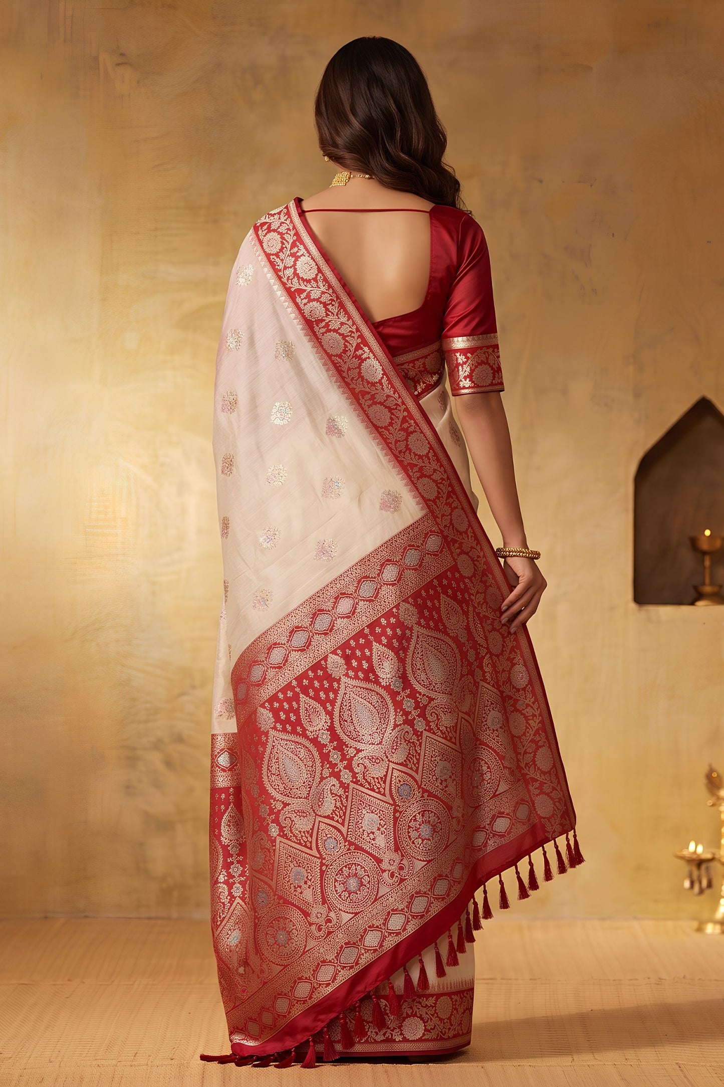 Elegant Cream Silk Blend Woven Jari Designer Saree for Women