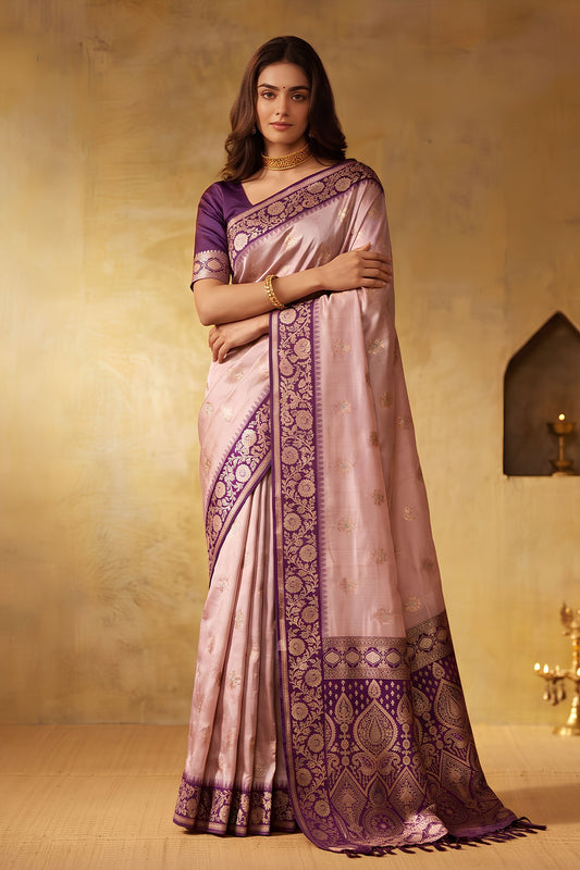 Beautiful Pink Silk Blend Woven Jari Designer Saree for Women