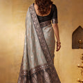 Luxury Grey Silk Blend Woven Jari Designer Saree for Women