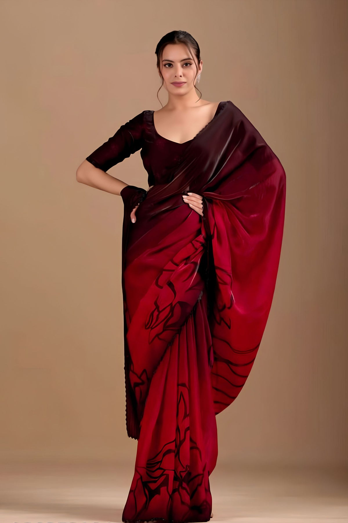 Stunning Red Space Silk Floral Print With Zarkan Border Work Saree for Women