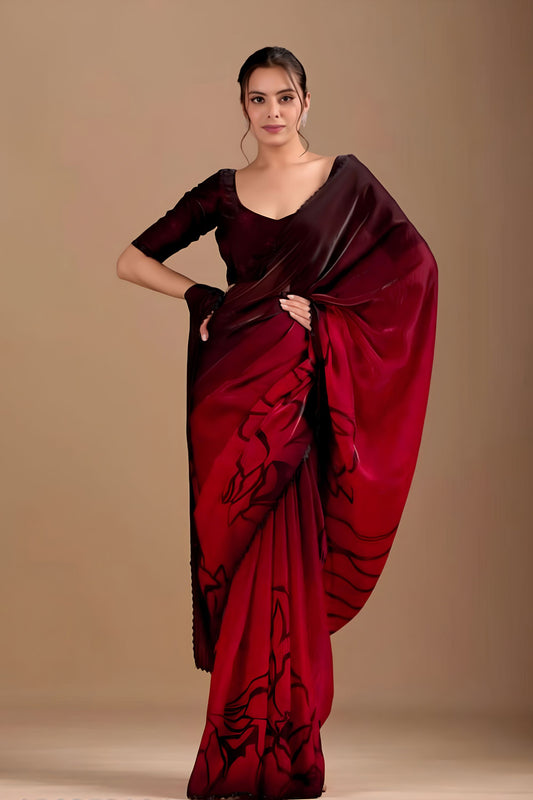 Stunning Red Space Silk Floral Print With Zarkan Border Work Saree for Women