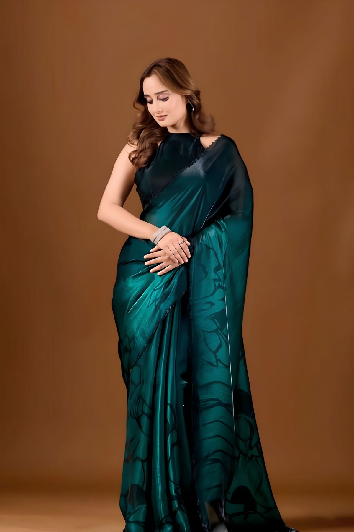 Graceful Teal Green Space Silk Floral Print Designer Saree for Women