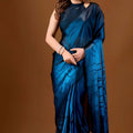 Royal Blue Space Silk Floral Print With Zarkan Border Work Saree for Women