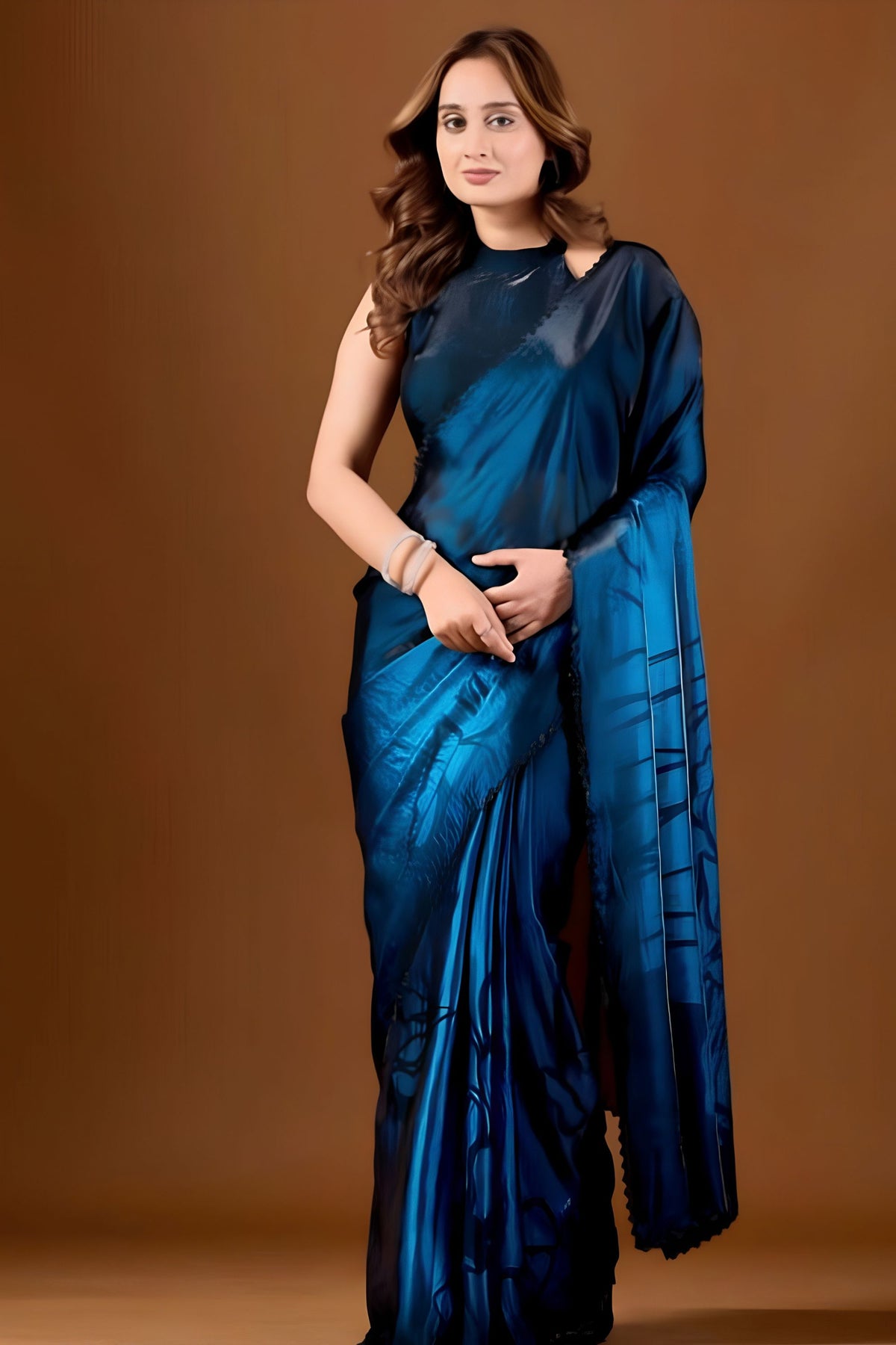 Royal Blue Space Silk Floral Print With Zarkan Border Work Saree for Women