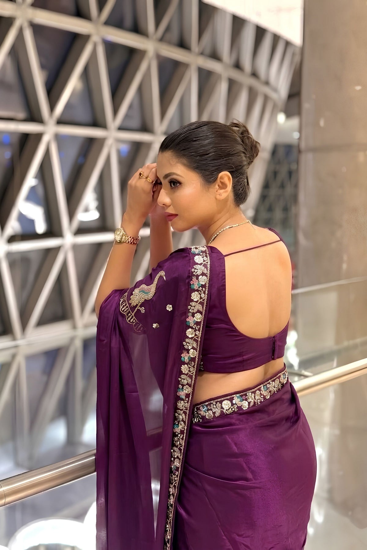 Premium Wine Fendy Satin Silk Embroidered Saree