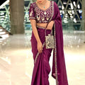 Premium Wine Fendy Satin Silk Embroidered Saree