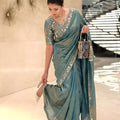 Stylish Teal Blue Fendy Satin Silk Embroidered Saree