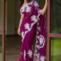 Stunning Wine Organza Silk Thread Embroidery Work and Cutwork Border Saree for Women