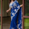 Royal Blue Organza Silk Saree Thread Embroidery Work and Cutwork Border for Women