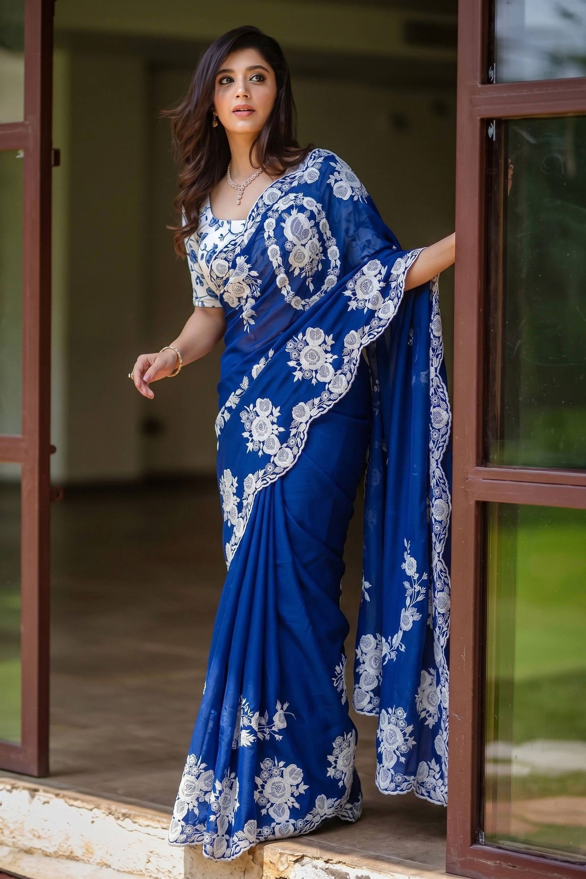 Royal Blue Organza Silk Saree Thread Embroidery Work and Cutwork Border for Women