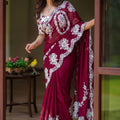 Lovely Wine Organza Silk Designer Saree Thread Embroidery Work and Cutwork Border for Women