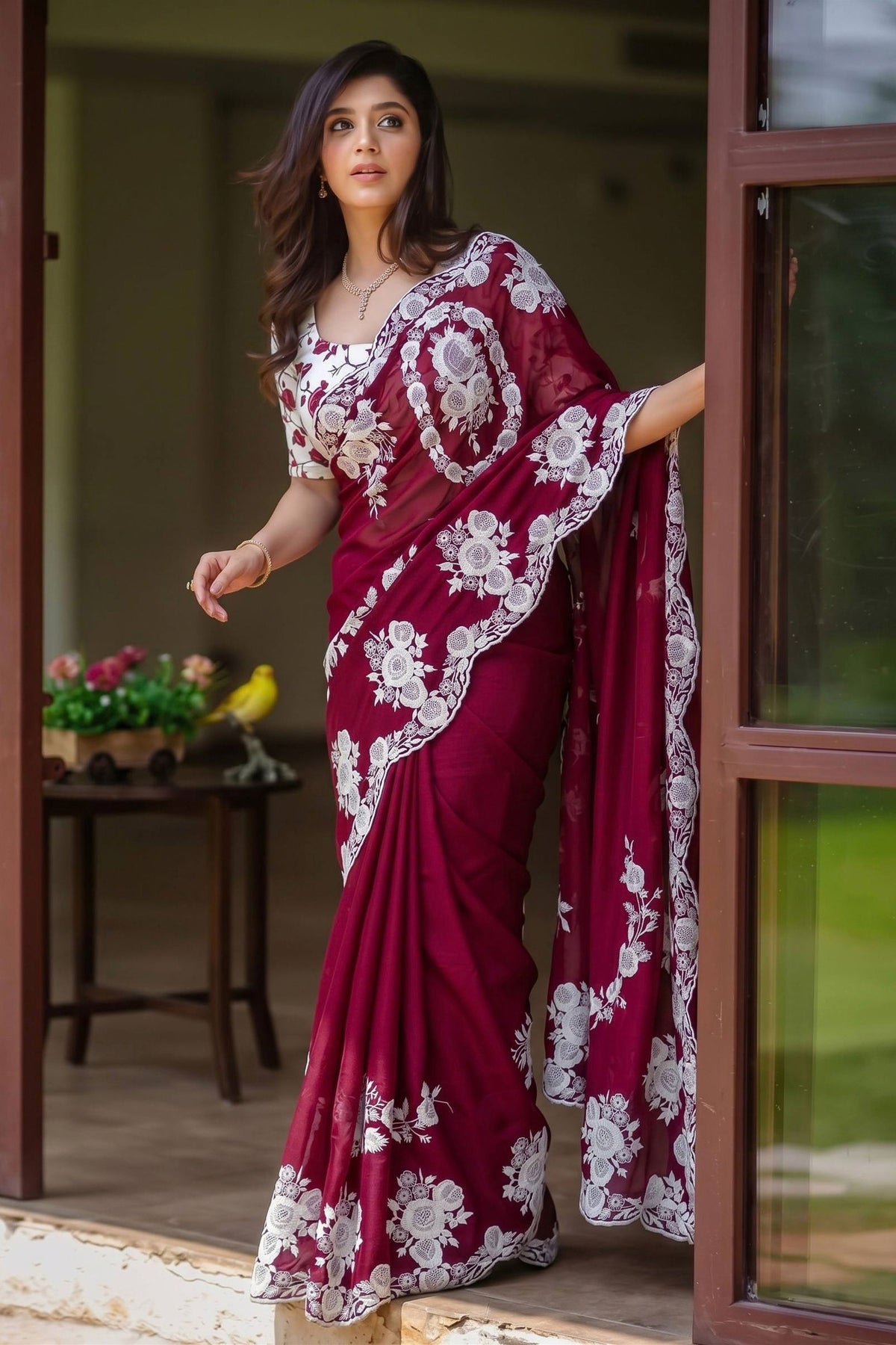 Lovely Wine Organza Silk Designer Saree Thread Embroidery Work and Cutwork Border for Women