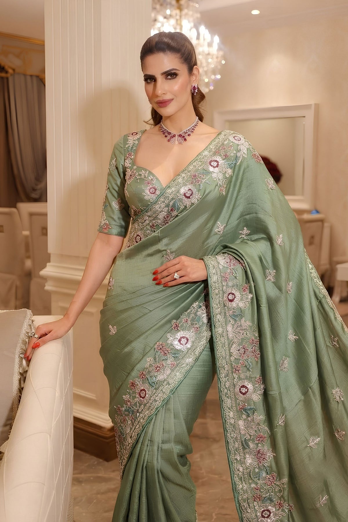 Lovely Sea Green Pure Soft Tissue Silk Heavy Pallu Embroidery Saree for Women