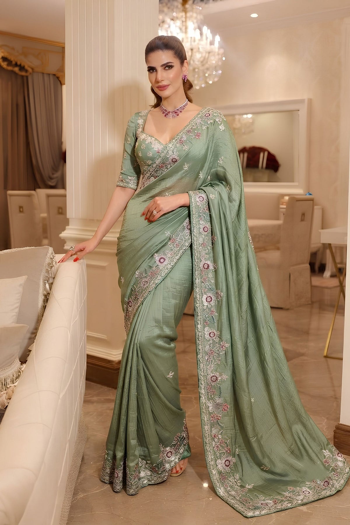 Lovely Sea Green Pure Soft Tissue Silk Heavy Pallu Embroidery Designer Saree for Women