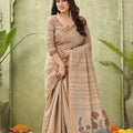 Stunning Beige Ghicha Cotton Woven Swan Lotus Designer Saree for Women