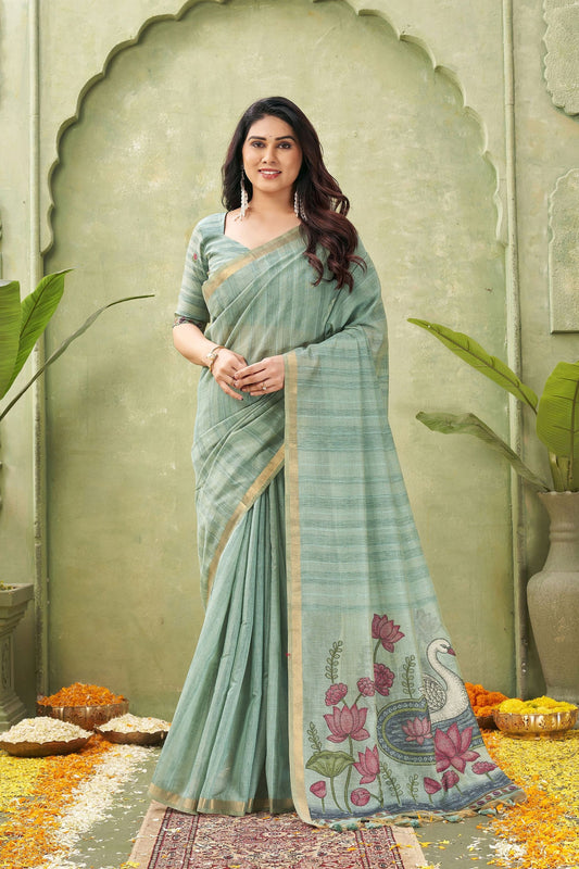 Graceful Mint Green Ghicha Cotton Woven Swan Lotus Designer Saree for Women