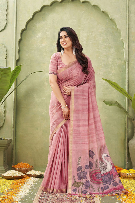 Beautiful Pink Ghicha Cotton Woven Swan Lotus Designer Saree for Women