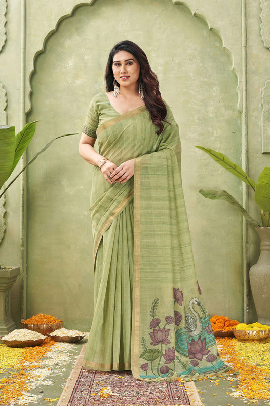 Lovely Pista Green Ghicha Cotton Woven Swan Lotus Designer Saree for Women