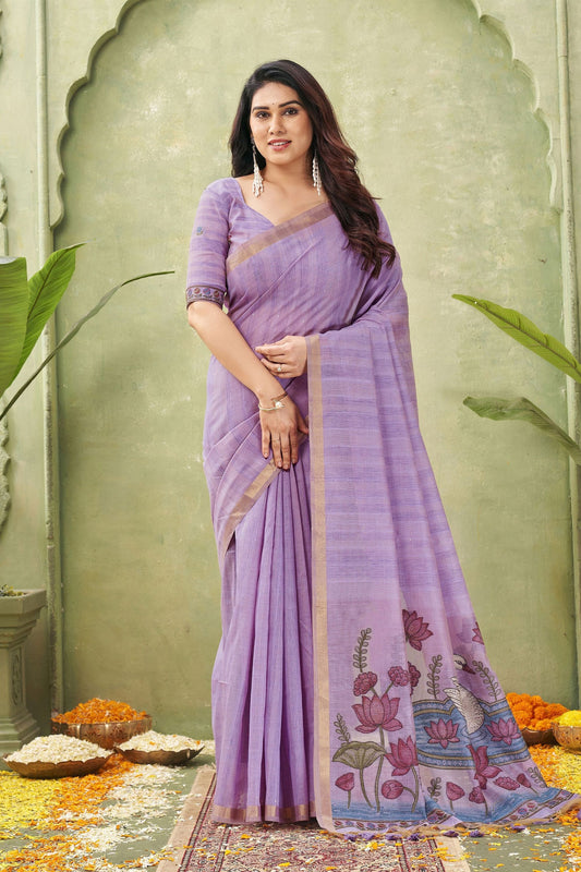 Stylish Lavender Ghicha Cotton Woven Swan Lotus Designer Saree for Women