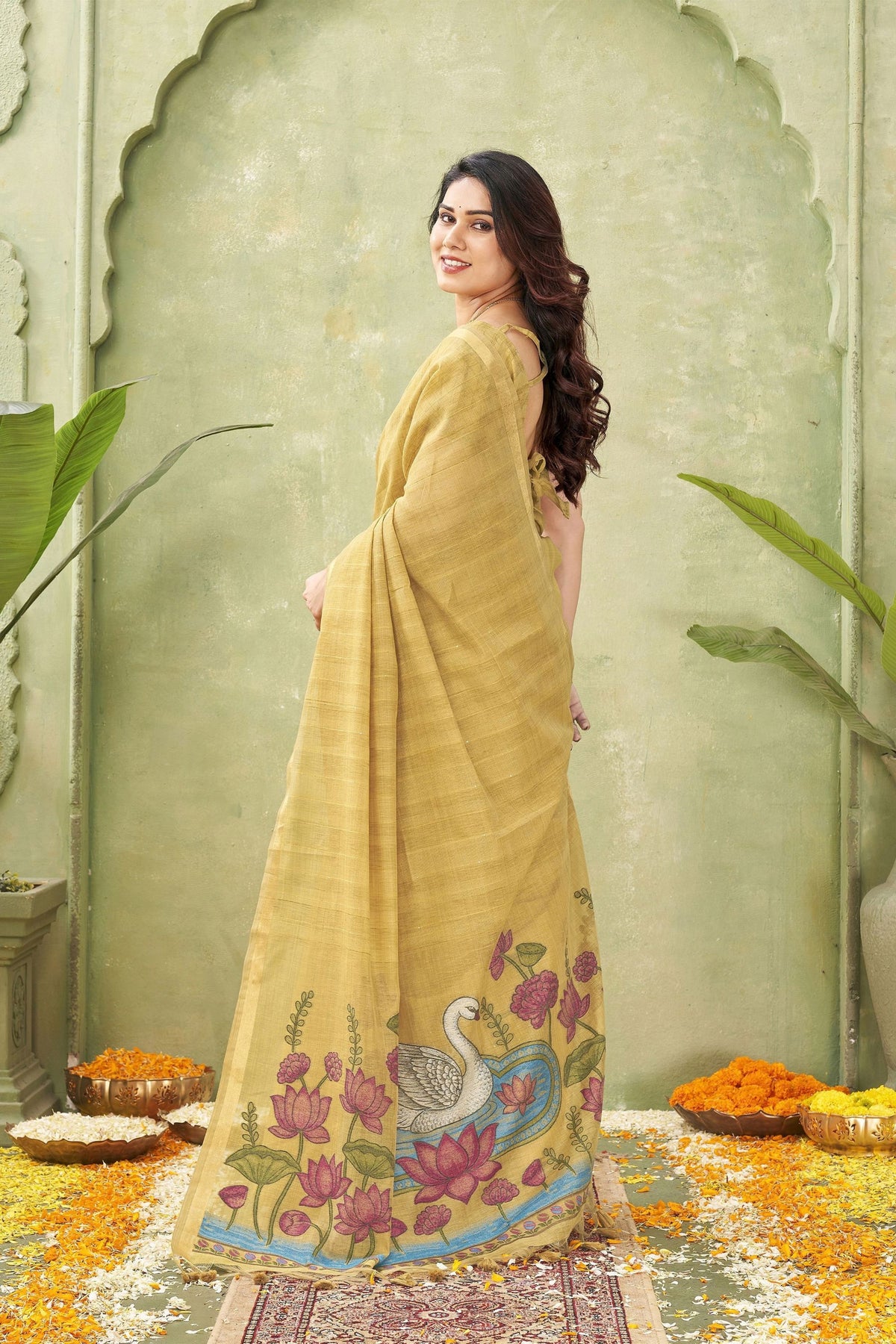 Amazing Mustard Yellow Ghicha Cotton Woven Swan Lotus Designer Saree for Women